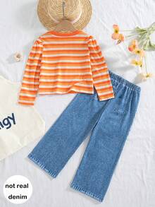 Girls' Casual Fashion Pineapple Plaid Striped 3D Floral Round Neck Long Sleeve Top And Floral Embroidered Straight Leg Pants 2-Piece Set, Spring/Autumn - Orange - View 2