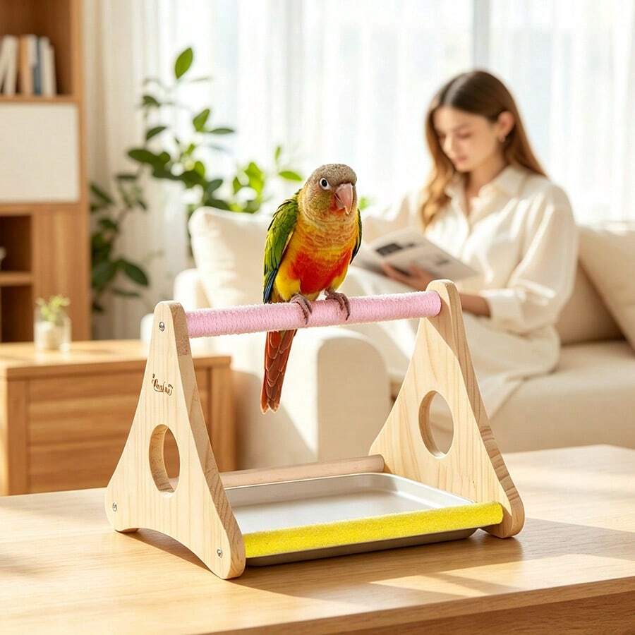ITANDME Parrot Desktop Perch Parrot Triangular Desktop Perch With Tray, Multi-Pole Climbing & Stable Structure; Bird Desktop Perch For A Variety Of Small Birds