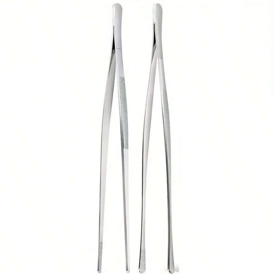 2/6pcs Premium Stainless Steel Kitchen Tongs - Durable, Ergonomic Design, Straight And Curved Professional 304 Stainless Steel Tweezers, Sturdy And Long-Lasting, Suitable For Home And Office Use - Silver 2-piece Set - View 1
