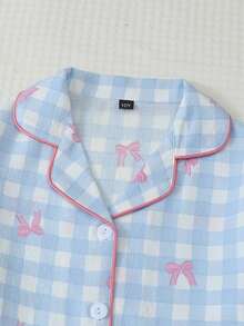 Tween Girls 2Pcs Blue Gingham Bow & Butterfly Print Long Sleeve Pajama Set, Casual Tween Girl Loungewear Sleepwear For Spring Fall Winter Home Outfit - Blue - View 4