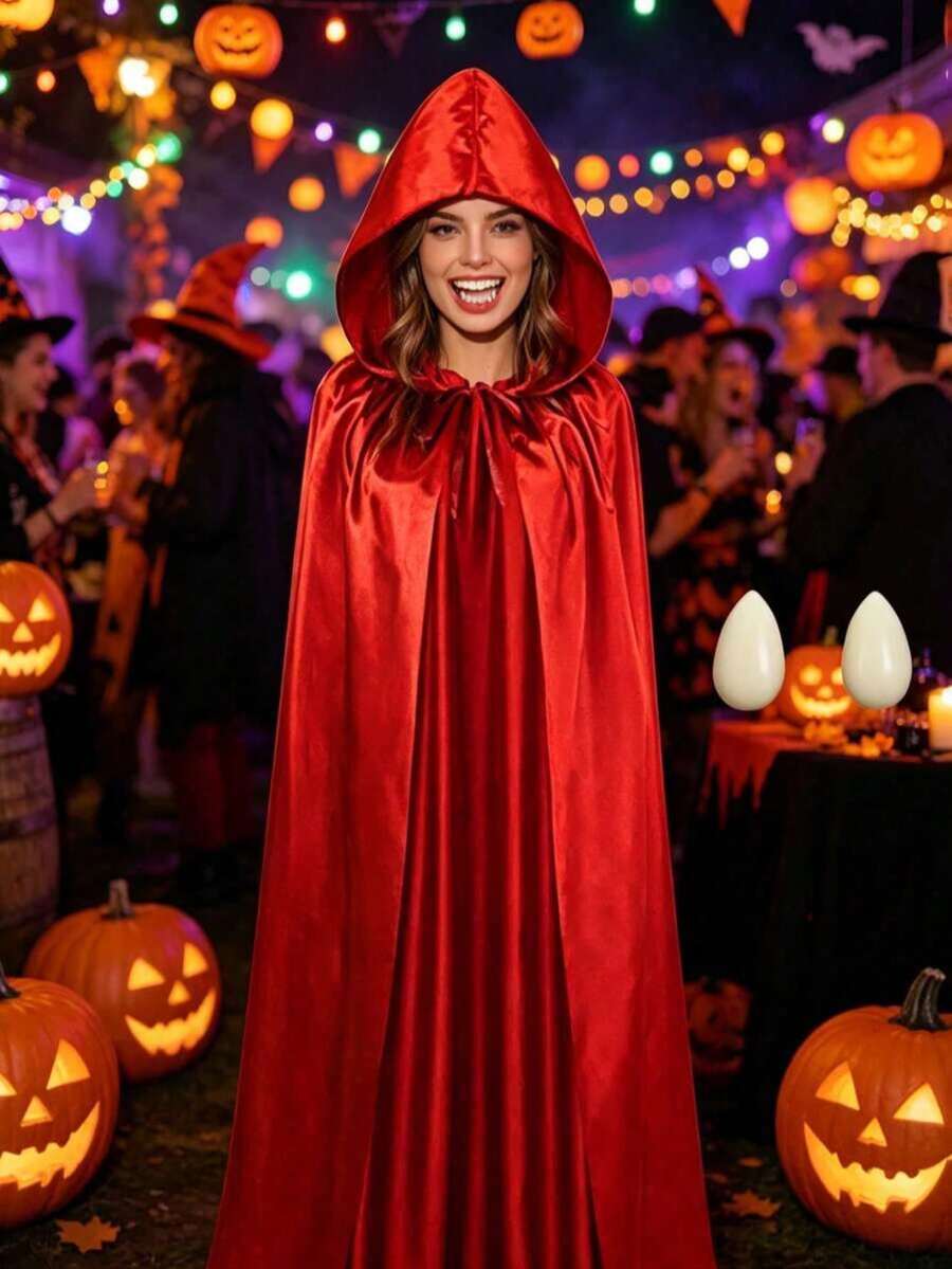 Gothic Vampire Costume Set: Classic Hooded Cloak + Detachable Fangs, Suitable For Multiple Occasions, Easily Create Vampire, Witch, Red Hat Clown And Other Halloween Looks. - Multicolor - View 1