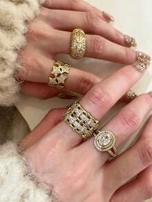 6pcs Old Money Style! Luxurious Cubic Zirconia Multi-Element Ring Set Suitable For Women's Banquet And Party Wear (Gift Box Not Included) - Yellow Gold - View 5