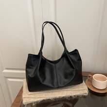 PU Handbag For Women, Solid Color Versatile Large Capacity Tote Bag, Makeup Bag, Mommy Bag, Birthday Gift, Holiday Gift, Versatile Bag - Black - View 6