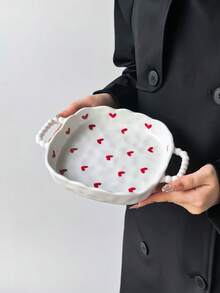 1pc Ins Style Hand-Painted Heart Asymmetrical Pearl Handle Ceramic Double Handle Plate, Minimalist Large Capacity Double Handle Baking Dish, Jewelry Tray, Cake Plate, Salad Bowl, Fruit Plate, Family Gathering Large Capacity Dish, Housewarming Gift - Multicolor - View 5