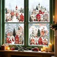 1pc Winter Snowscape Town Christmas Window Decorations, European-Style Snowy Cottage Pine Tree Glass Decals, Reusable, Suitable For Living Room And Store Window Decoration - Multicolor - View 2