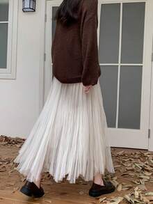 Women's Elegant Knit Double Layer Mesh Flared Maxi Skirt, Pleated Design, Slightly Stretchy, Suitable For Autumn/Winter - Apricot - View 5
