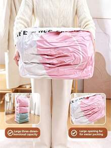 1pc Large Capacity Vacuum Storage Bag, Pink Colorblock Reusable Compression Storage Bag With Zipper Seal And Air Valve, Space-Saving For Clothes, Blankets, Bedding, Bed Linens, Suitable For Closet, Bedroom, Dorm, Moving, Travel And Back To School Season - Multicolor - View 6