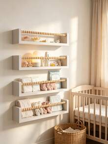 1/2/3/4pcs Kids Room Floating Shelves, Minimalist Design Wall-Mounted Storage Rack, Wall-Mounted Student Bookshelf, Children's Bookshelf, Picture Book Shelf, Kindergarten Bookshelf - White Board Wooden Beads - View 4