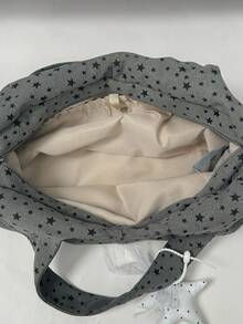 1件女款拼色尼龍肩背托特包，時尚大容量配五星裝飾，適合購物、度假與旅行 - 灰色 - 查看 4