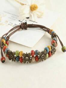 1pc Flower Ceramic Bracelet, Non-Fading, Women's High-End Adjustable New Chinese Style Hand Rope Accessory - Multicolor - View 1