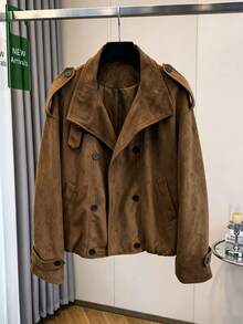 Vintage Brown Faux Suede Stand Collar Casual Jacket For Women, Double-Breasted Shoulder Epaulettes Loose Silhouette Utility Jacket, Suitable For Work, Daily Wear, Commuting, Dating - Brown - View 9
