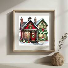 Christmas Decorations 1 Set 36*36cm/14.17*14.17inch Christmas Bookshop Lane Semi-Finished Cross Stitch Kit, DIY Needlework Materials, 11CT Printed Cross Stitch Decor Painting, Creative Handmade Gift, Full Home Decor Craft Set, Frame Not Included - Christmas Bookshop Lane - View 4