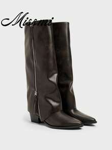 New Pointed Toe Chunky Heel Pant Leg Boots Women's Retro Knee-High Long Boots High Heel Western Cowboy Boots Riding Boots - Brown - View 1