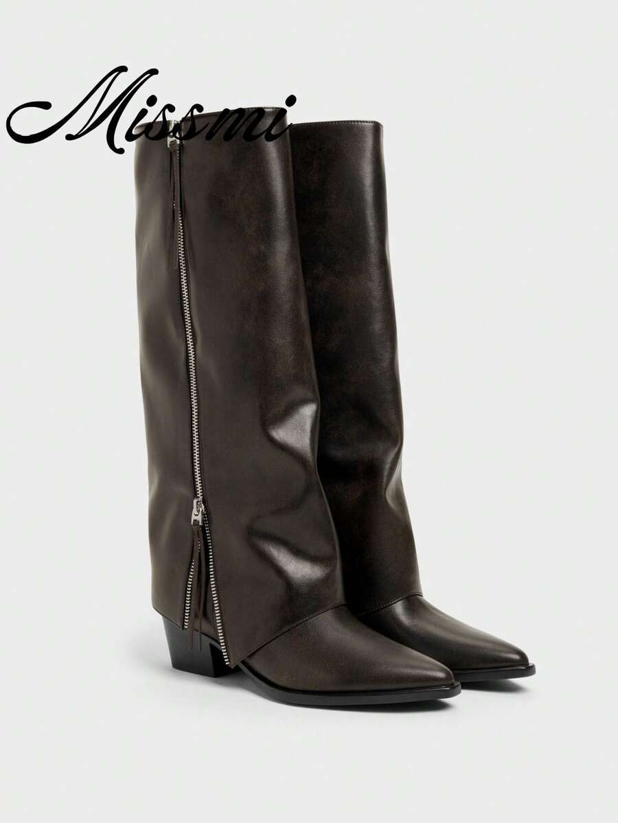 New Pointed Toe Chunky Heel Pant Leg Boots Women's Retro Knee-High Long Boots High Heel Western Cowboy Boots Riding Boots - Brown - View 1