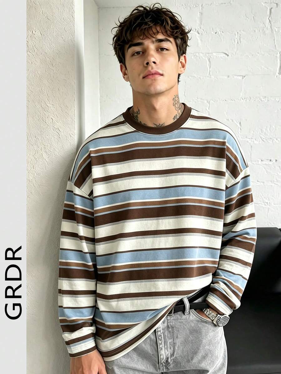 GRDR 男士復古藍棕米色橫條紋圓領長袖T恤 美式休閒落肩寬鬆短版內搭上衣 - 白色 - 查看 1