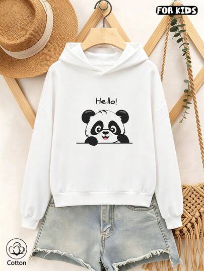Girls Casual Hoodie With Cute Panda Print & Hello Text, Loose Fit, Breathable Long Sleeve Sweatshirt For Spring Autumn Daily Wear, Ideal Gift For Kids