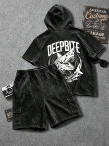 [Smple]Men's Retro Distressed Hooded Short-Sleeve T-Shirt And Cargo Shorts Set, Machine Washable Fabric, Printed Set, Comfortable Summer Streetwear. - Black - View 5