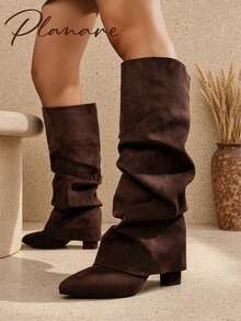 planare Women's Fashion Elegant Slip-On Pointed Toe Stiletto High Heel Ruched Shaft Boots, Loose Western Style Slim Straight Leg Black Tall Boots - Brown - View 6