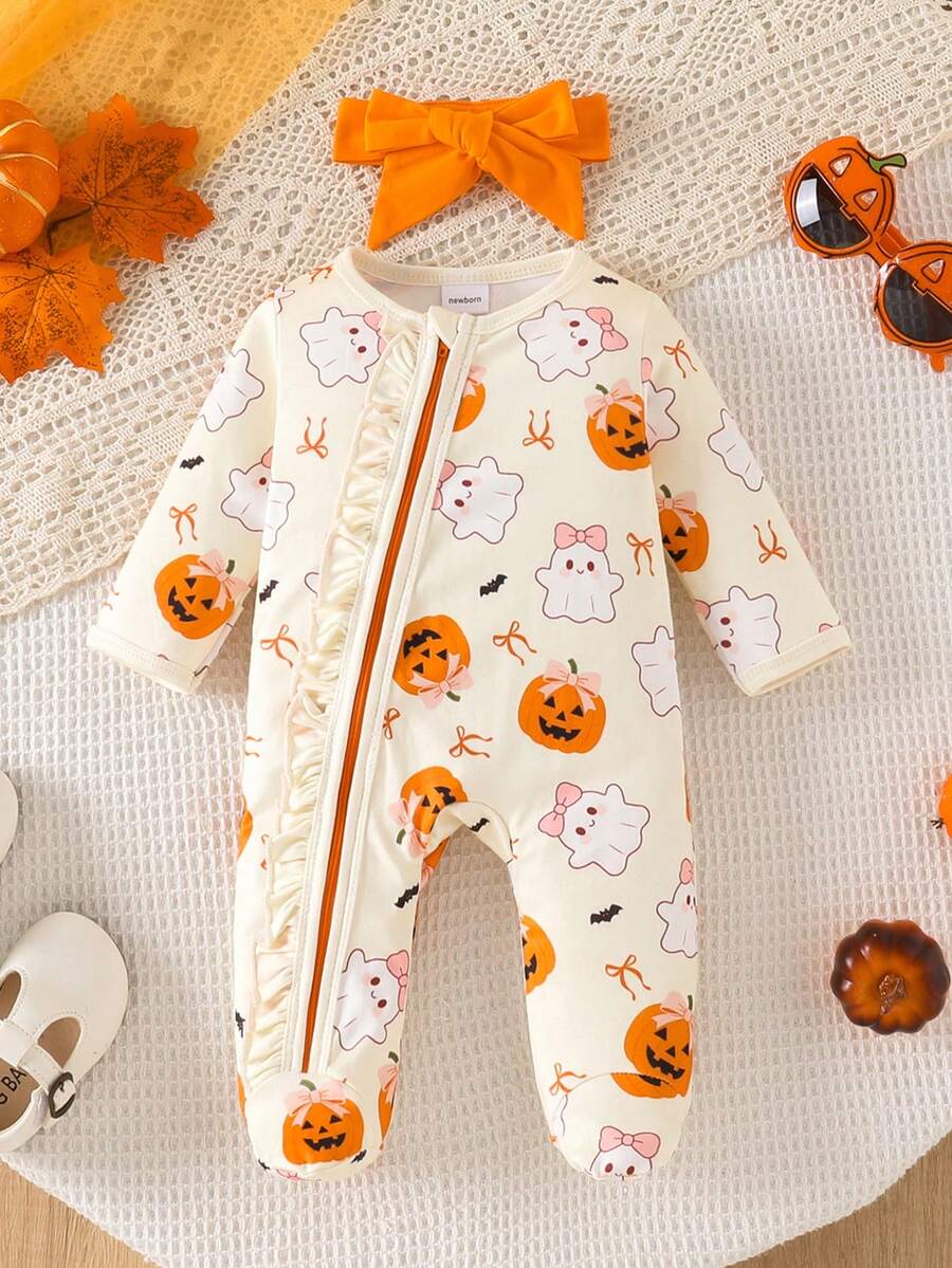 1pc Newborn Baby Girl Cute Comfortable Soft Long Sleeve Pumpkin Print Bodysuit With Headband Thin Spring Autumn Halloween Outfit - Apricot - View 1