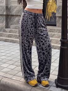 Women's Gold Velvet Loose Straight Leg Pants With Side Woven Tape Leopard Print Long Pants For Daily Casual Commute Running Workout Dating Work With Pockets Contrast Color - Black - View 1