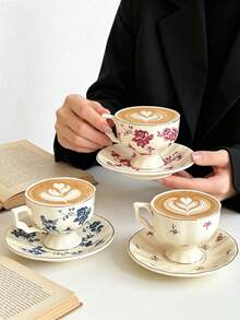 1pc Vintage Gold Rim Floral Ceramic Coffee Cup & Saucer, European Style Tall Latte Cup, Espresso Cup & Saucer Set For Home Afternoon Tea - Multicolor - View 7