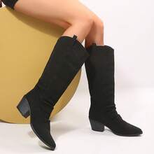 2026 Autumn New Ruched Boots, Women's Mid-Calf Denim Knee-High Boots, Western Style Tall Boots, Pointed Toe Chunky Square Heel Relaxed High-Shaft Boots, Black Disco Party Dress Boots, Suitable For Nightclub Outings - Black - View 2