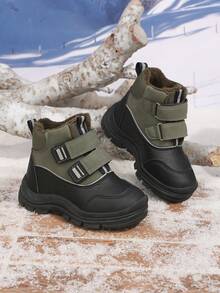 Boys' Thermal-Lined Snow Boots, Winter Hook-And-Loop Thick Sole Anti-Slip Ankle Boots, Outdoor Warm & Cold-Resistant For Small And Medium Children - Black - View 2