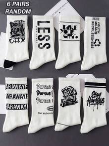 3/6/12 Pairs Random Assorted Unisex American Graffiti English Stripe Letter Design Skin-Friendly Durable Comfortable Breathable Mid-Calf Socks For Home, Commute, Daily Wear And Gifting - Black and White - View 10