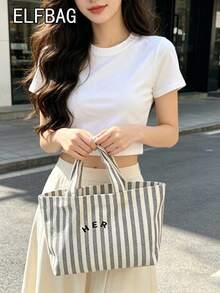 Casual Minimalist Letter Canvas Tote Bag, Striped Pattern Handbag, High Cost-Effective For Outdoor Shopping, Fashion Versatile Suitable For Moms, Students, Office Workers - Grey - View 7