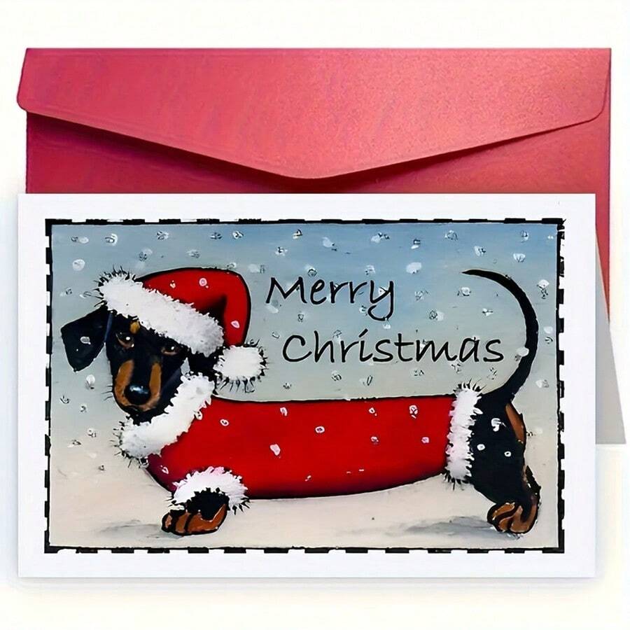 1pc Holiday Dachshund Christmas Card With Envelope, Perfect For Pet Lovers, Cat/Dog Owners, Friends, Parents, Sons And Daughters, Holiday Greeting Card | Optimistic Dog Design | Detailed Illustration, Christmas Card X8UL - Sets - View 1