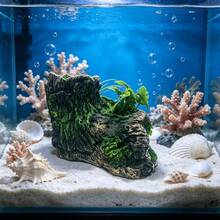 Flocked Moss Dual-Tube Resin Aquarium Decor With Artificial Plants, Hollow Tree Stump Fish & Shrimp Hide Cave, Natural Style Fish Tank Landscape Decoration - Happy Aquarium - View 4