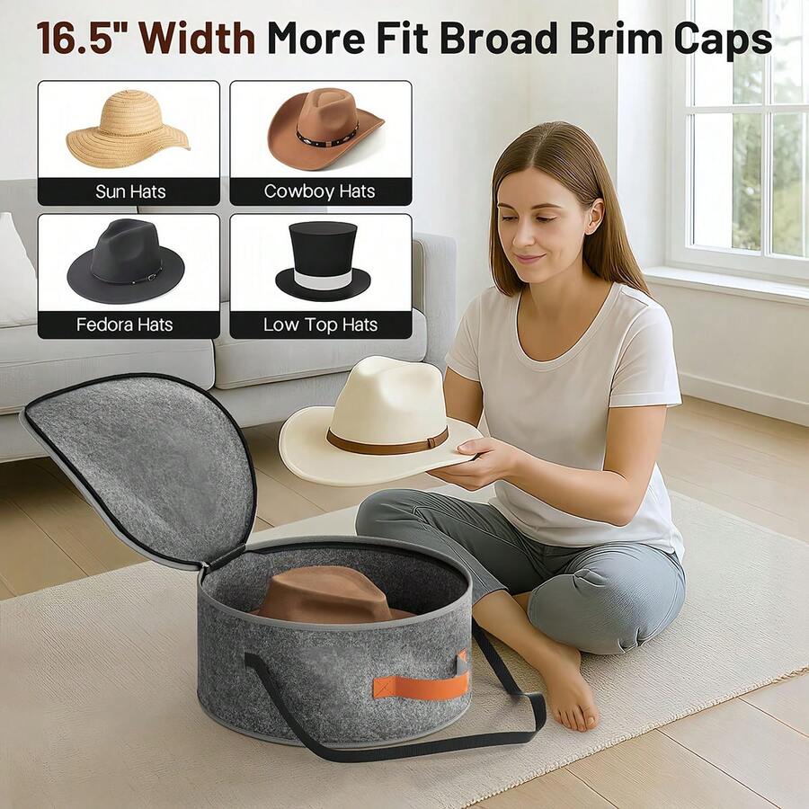 1PC Felt Hat Box - Round Travel Storage Box, Suitable For Hats, Clothes, And Plush Toys, Durable Handheld Organizer With Handle, Suitable For Men And Women, Portable Home And Travel Storage Solution, Hat Storage Organizer, Sturdy Handle Design - View 1