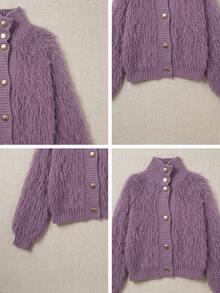 Korean-Style Plush Knit Cardigan – Soft Faux Fur Sweater For Autumn/Winter, Decorated With Fan-Shaped Lace And Pearl Buttons, Comfortable High-Neck Outerwear, Versatile For Daily Wear - Purple - View 10