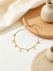 TONSI 1pc Summer Vacation Style Fashion Minimalist 18K Gold Plated Stainless Steel Hollow Clover Round Diamond Thin Chain Anklet, Low Allergy Waterproof Versatile Foot Chain, Suitable For Women's Daily Beach Seaside Travel Summer Gift Jewelry - Gold - View 5