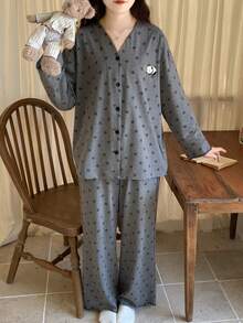 2pcs/Set Women's Pajamas Loungewear Set, V-Neck Cardigan Cute Panda Print Pattern Minimalist Long Sleeve Long Pants, Comfortable Home Style - Grey - View 7