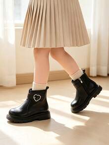 1 Pair Kids Heart Metal Buckle Decor Ankle Boots With Side Zipper Design, Simple Campus Style, Suitable For Outdoor Play, School Commute, Autumn/Winter - Black - View 3