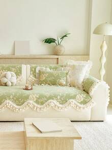 1 buah Sarung Bantal Sofa Motif Bunga Vintage, Kain Chenille dengan Hiasan Renda Rumbai Elegan, Pelindung Sofa Universal Anti Selip dan Tahan Aus, Dekorasi Rumah - Hijau - View 3
