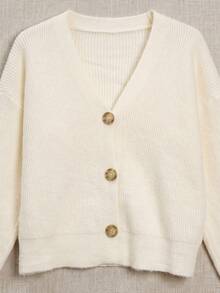 Women's Drop Shoulder Long Sleeve Single Breasted Casual White V-Neck Cardigan - White - View 7