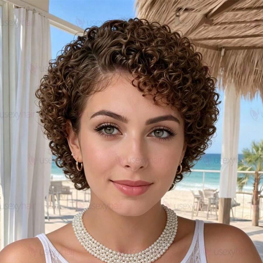 13x4x1 Lace Front Wig Brown Curly Wig With Bangs Short Curl Hair Wig 6inch 180% Density Fluffy Shape Brazilian Rmey Human Hair 4# Color For Daily Wear And Party