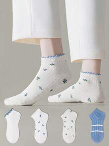 ZUJO 4 Pairs Women's Blue & White Ruffle Trim Short Socks, Floral & Bow Pattern, Suitable For All-Year Home & Travel, Random Color - Multicolor - View 2