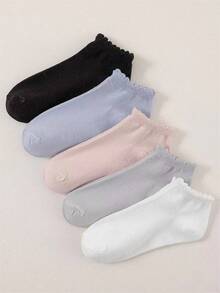 1/5 Pairs Women's Solid Color Short Socks, Fashionable Versatile Short Socks With Design Lace Cuff, Suitable For Daily Wear And Gifting - Multicolor - View 4