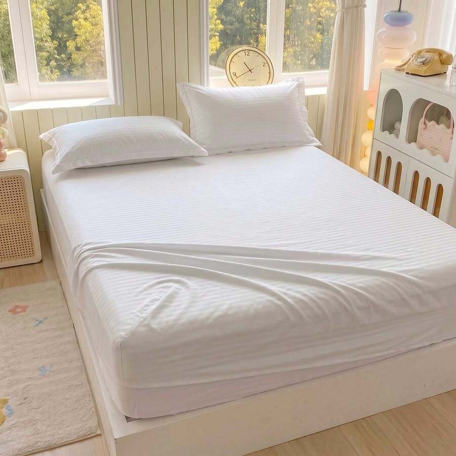 3件組極簡條紋床上用品套組,1件床墊包單 + 2件枕套(不含枕芯),柔軟透氣床墊套,深口袋四季通用臥室床上用品 - 白色 - 查看 1