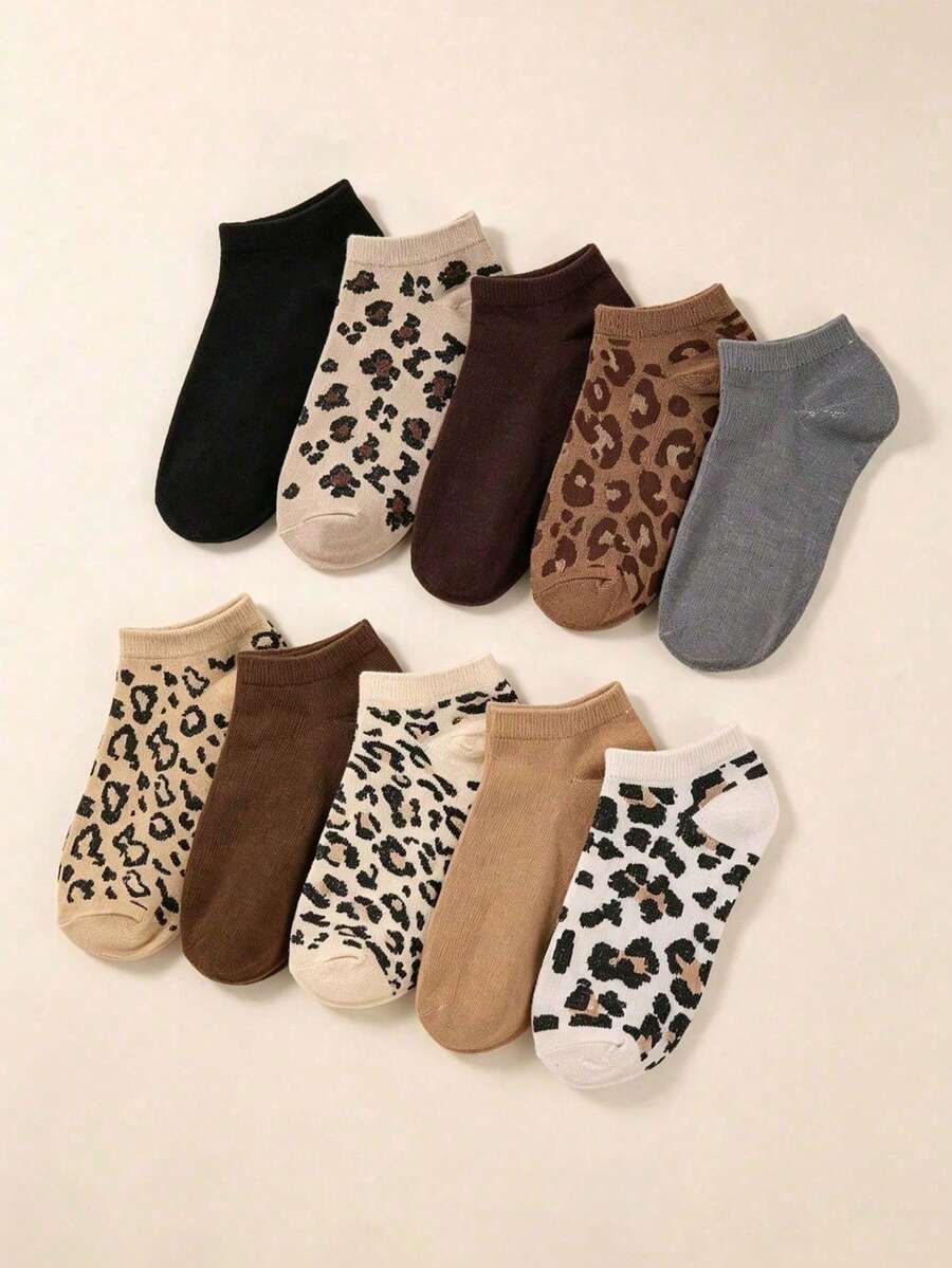 1/5/10 Pairs Women's Leopard Print Short Socks, Breathable Invisible Socks, Casual Cute Comfortable, Suitable For Daily Wear, All Seasons, Random Style - Multicolor - View 1