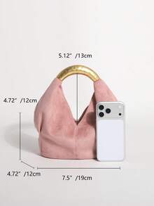 1pc Lotus Pink Textured Velvet Ruffled Design Vintage Metal Hardware Handbag, Exquisite Fashion Zipper Bucket Bag Suitable For Commuting And Shopping - Dusty Pink - View 2