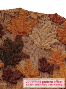 Women's Autumn V-Neck Pullover Knit Sweater, Vintage Maple Leaf Print, Eye-Catching Outfit For Outings - Multicolor - View 5