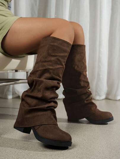 New Women's Fitted Ruched High-Top Boots, 2026 Autumn/Winter New Women's Pointed Toe Chunky Heel Outdoor Casual Fashion Tall Boots, Knee-High Boots