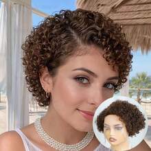13x4x1 Lace Front Wig Brown Curly Wig With Bangs Short Curl Hair Wig 6inch 180% Density Fluffy Shape Brazilian Rmey Human Hair 4# Color For Daily Wear And Party - S4 - View 3
