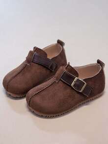 Unisex Kids Vintage Buckle Shoes, Magic Hook Soft Sole Faux Suede Casual Shoes - Brown - View 2