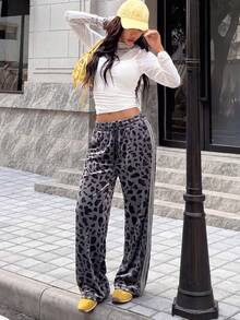Women's Gold Velvet Loose Straight Leg Pants With Side Woven Tape Leopard Print Long Pants For Daily Casual Commute Running Workout Dating Work With Pockets Contrast Color - Black - View 2