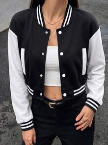 Teen Girls American Retro Black & White Colorblock Baseball Jacket, Autumn/Winter Short Knit Cardigan Coat - Black - View 3